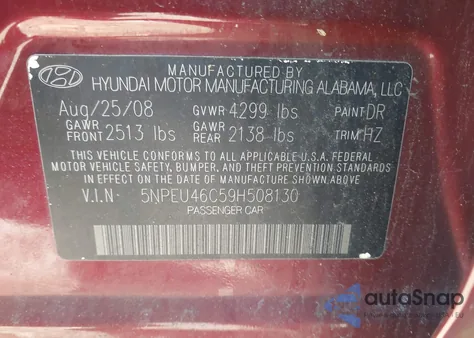 2009 Hyundai Sonata Se from USA, damaged, VIN 5NPEU46C59H508130